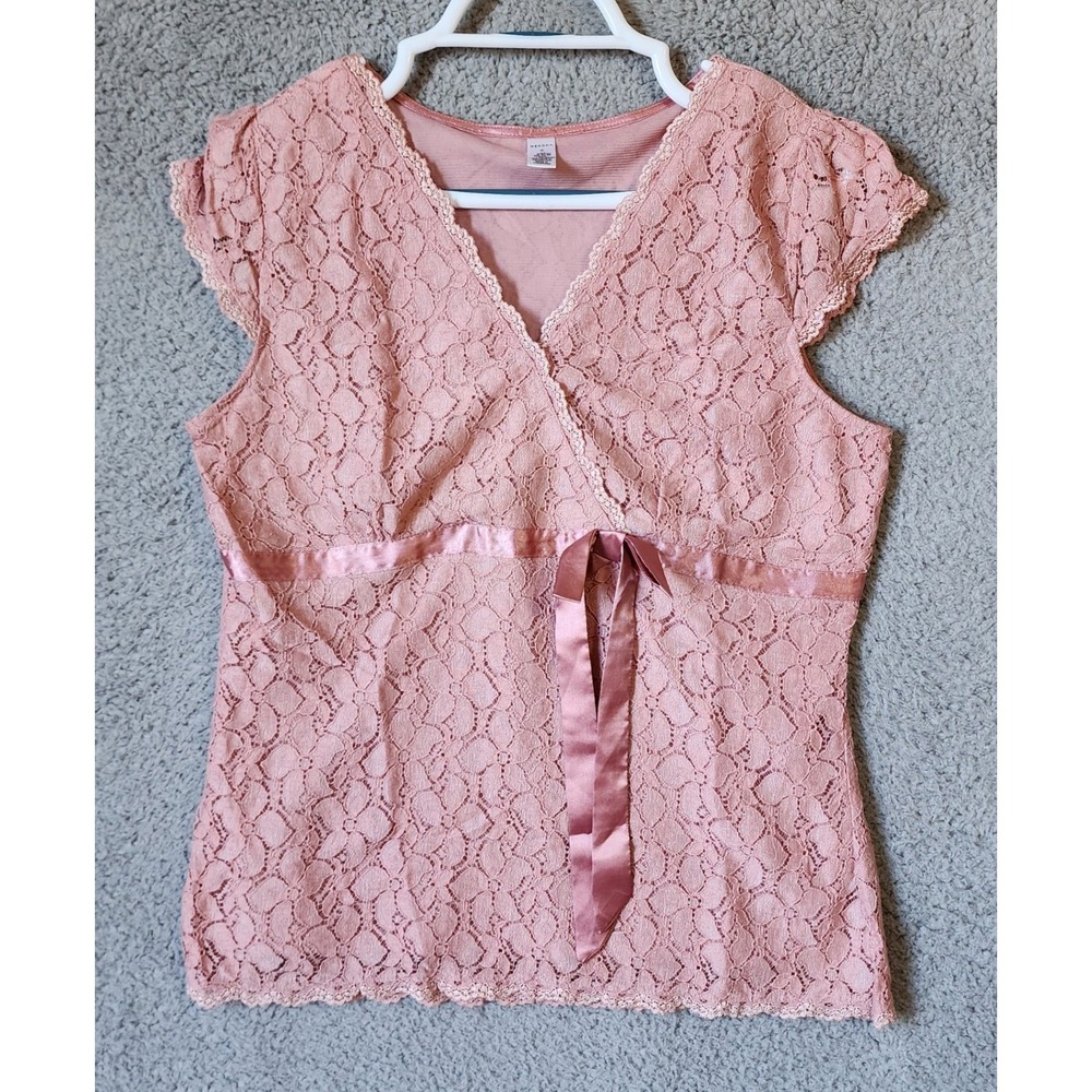 Y2K Merona Lace Blouse Women XL Pink Short Sleeve Empire Waist Satin Tie V-Neck - Picture 1 of 10